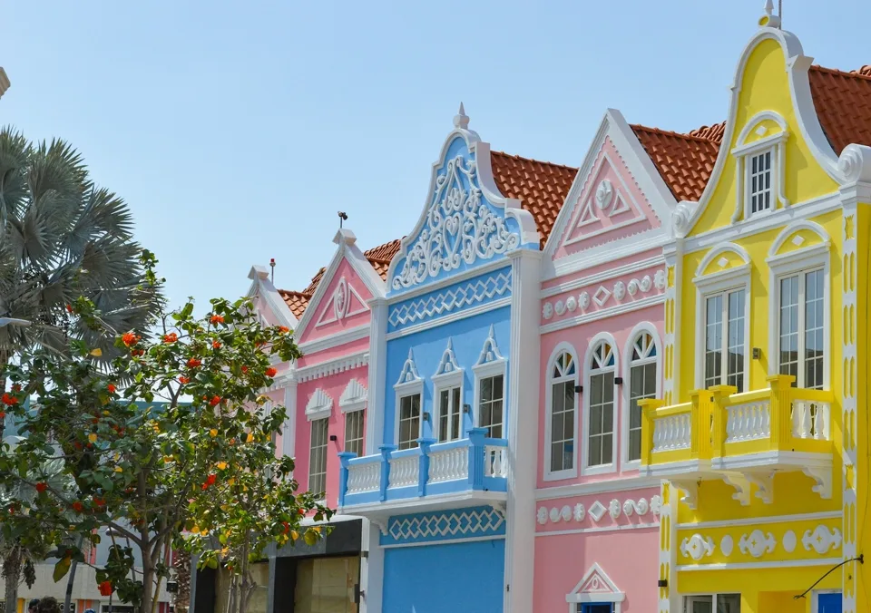 Colourful storefronts in San Nicolas, Aruba